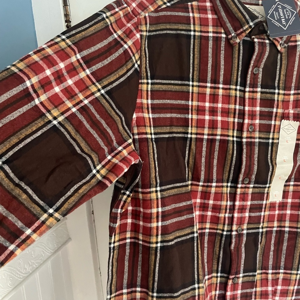 BNWT St. John's Bay Men's Rust Multicolor Plaid Button Down Shirt size large - Picture 7 of 9
